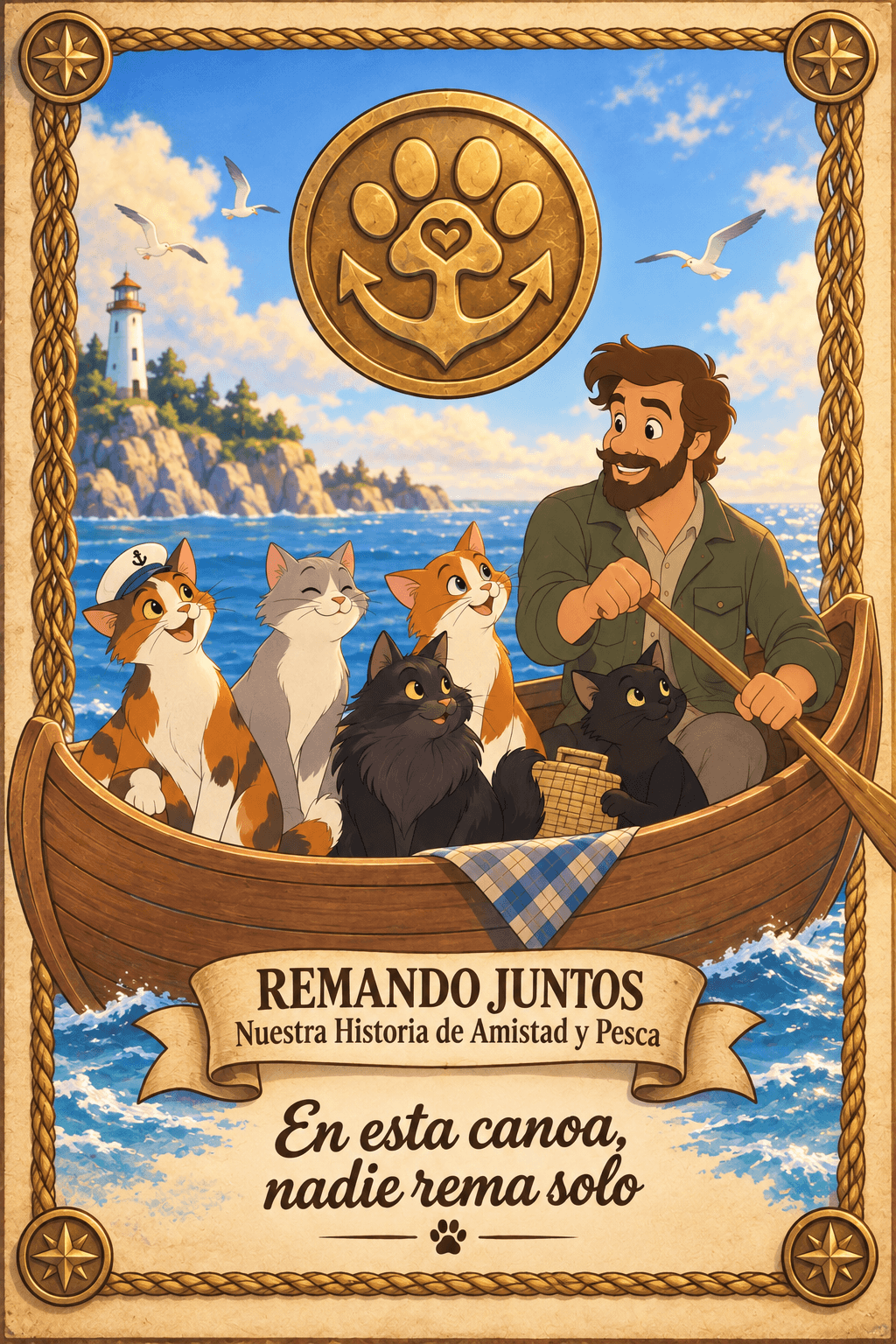 La tripulación en su bote de madera: cinco gatos y el capitán remando, con un faro al fondo